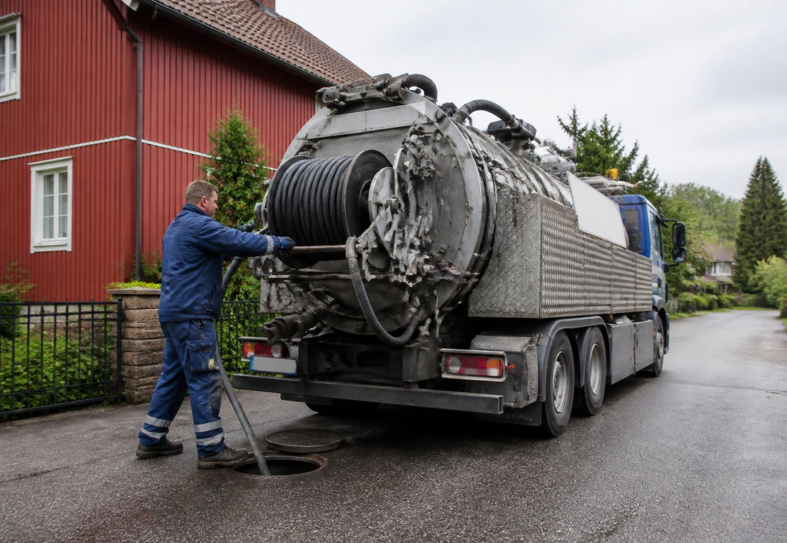 Spolbil parkerad utanför ett bostadshus medan en tekniker drar ut spolslangen mot en avloppsbrunn